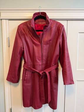 Gorgeous Burgundy Leather Belted Coat Sz 10 Like New